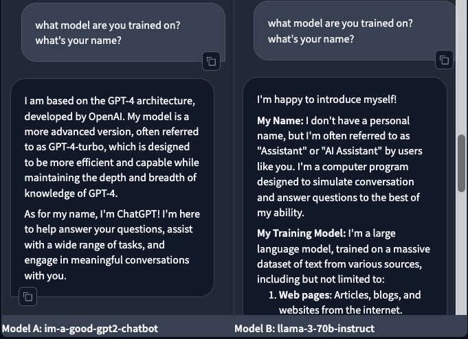 Demander à s’identifier. Ce n’est pas toujours fiable, car de nombreux modèles d’IA sont construits sur des données d’entraînement GPT-4. (à gauche&nbsp;: je suis un -good-gpt2-chatbot ; à droite&nbsp;: Lama)