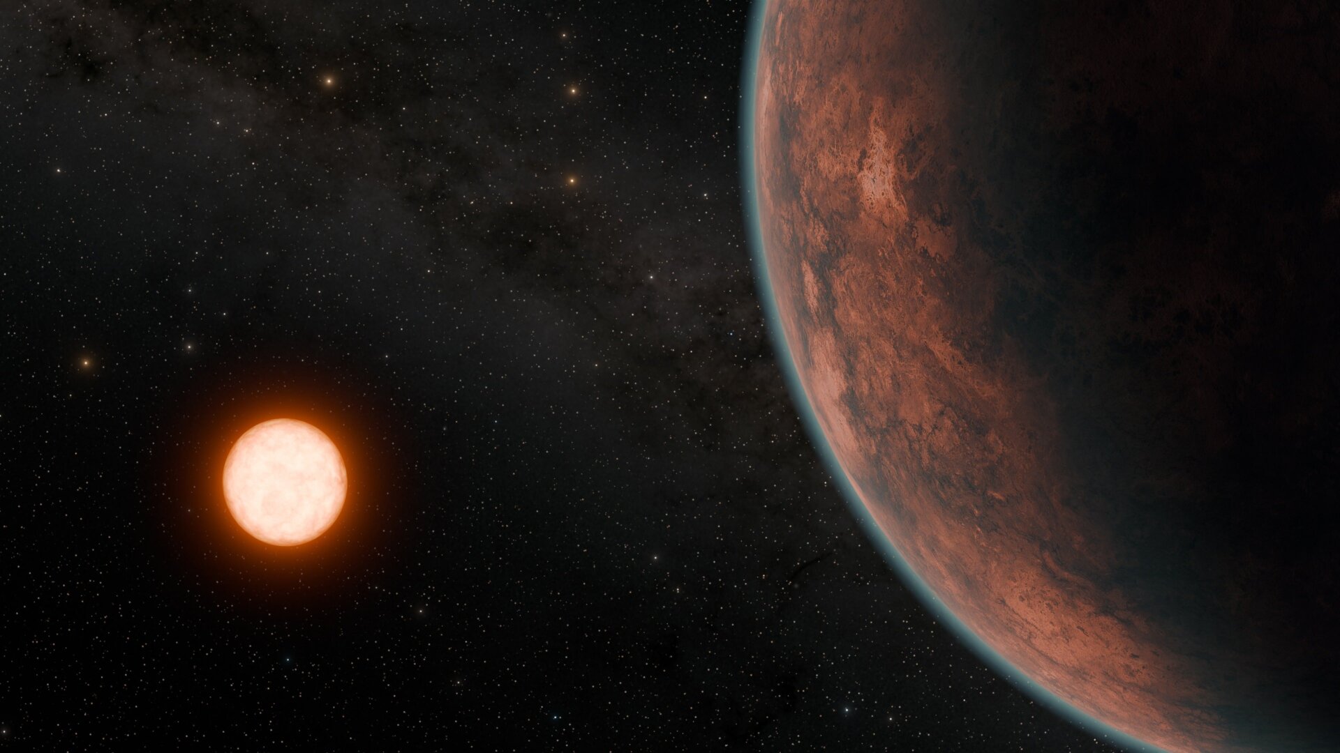 Vue d’artiste de Gilese 12b en orbite autour de son étoile hôte naine rouge.