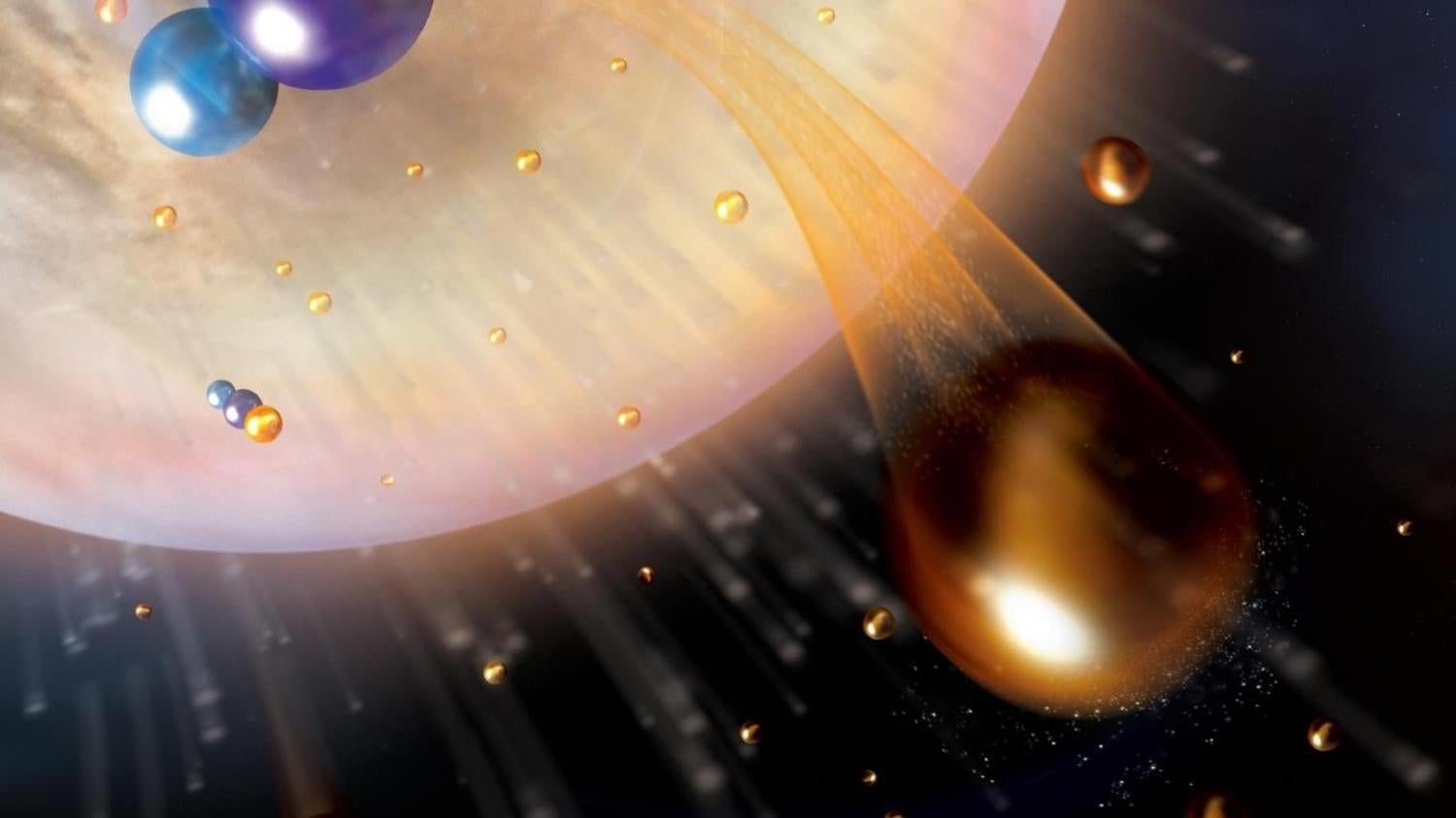 Vue d’artiste des atomes d’hydrogène, orange, s’échappant dans l’espace tout en laissant derrière eux des molécules de monoxyde de carbone, bleues et violettes.