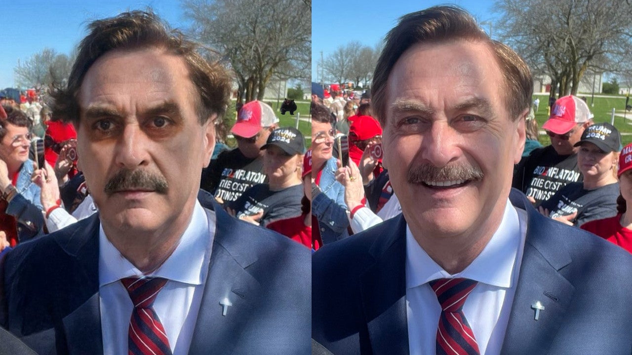 L’image modifiée de Mike Lindell (à gauche) ainsi que l’image originale de lui lors d’un rassemblement de Trump dans le Wisconsin le 1er mai 2024 . 