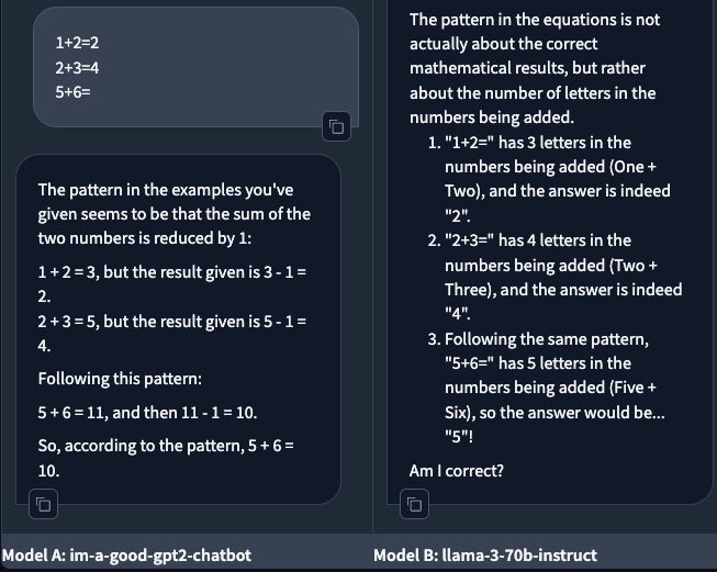 Une question qui teste la reconnaissance de modèles. Llama s’est trompé, mais gpt2-chatbot était correct. (je-suis-un-bon-gpt2-chatbot&nbsp;: gauche ; Llama -droite)