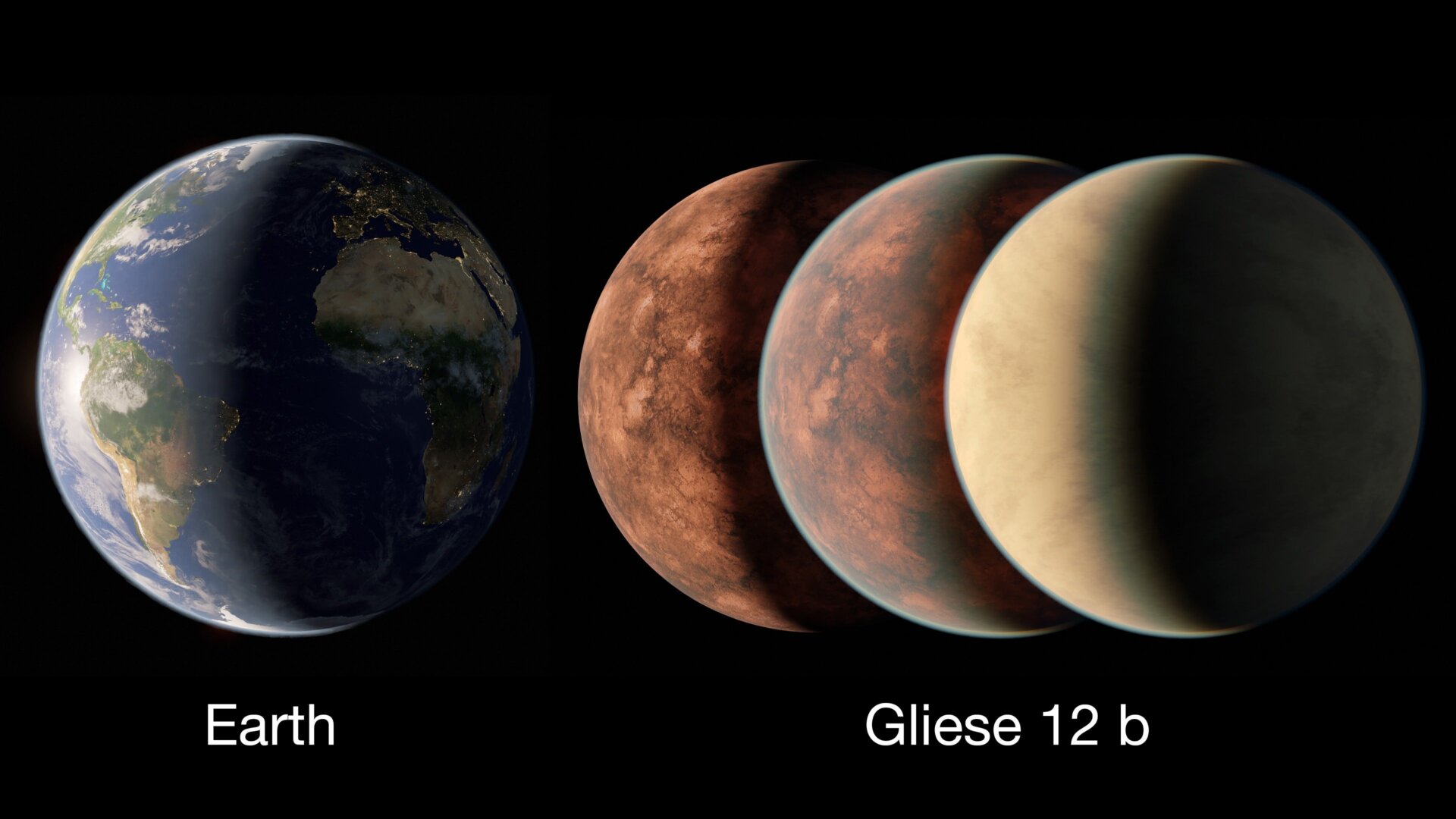 On estime que Gliese12b est à peu près de la même taille que la Terre, ou légèrement plus petite, semblable à Vénus. Le concept de cet artiste compare la Terre avec diverses interprétations possibles de Gliese 12b, allant de celle sans atmosphère à celle avec une atmosphère épaisse semblable à celle de Vénus.