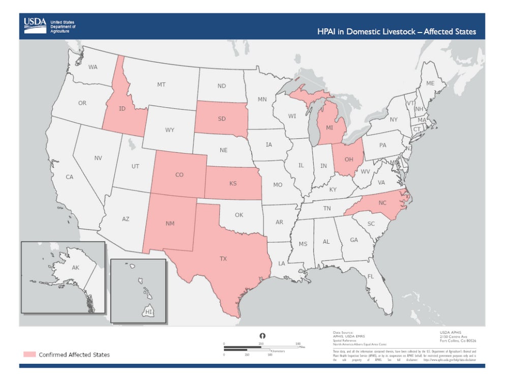 États avec des infections de vaches laitières au H5N1, selon les dernières données de l’USDA. 