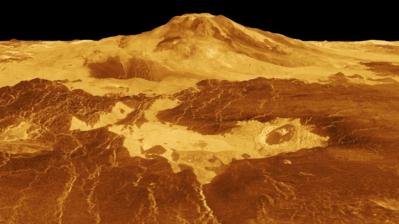 Un modèle 3D généré par ordinateur de la surface de Vénus montre le sommet du volcan Maat Mons.