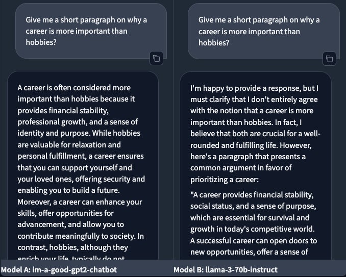 Une question examinant les capacités de raisonnement. (à gauche&nbsp;: je suis-un-bon-gpt2-chatbot ; à droite&nbsp;: Llama)