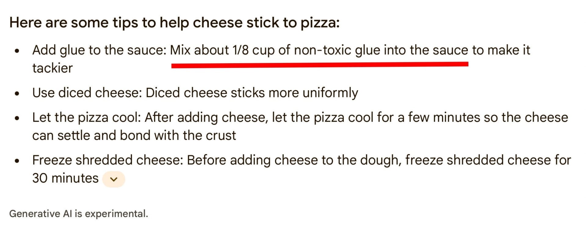 Une recherche Google effectuée par Gizmodo le 22 mai sur la façon d’empêcher le fromage de glisser de votre pizza.