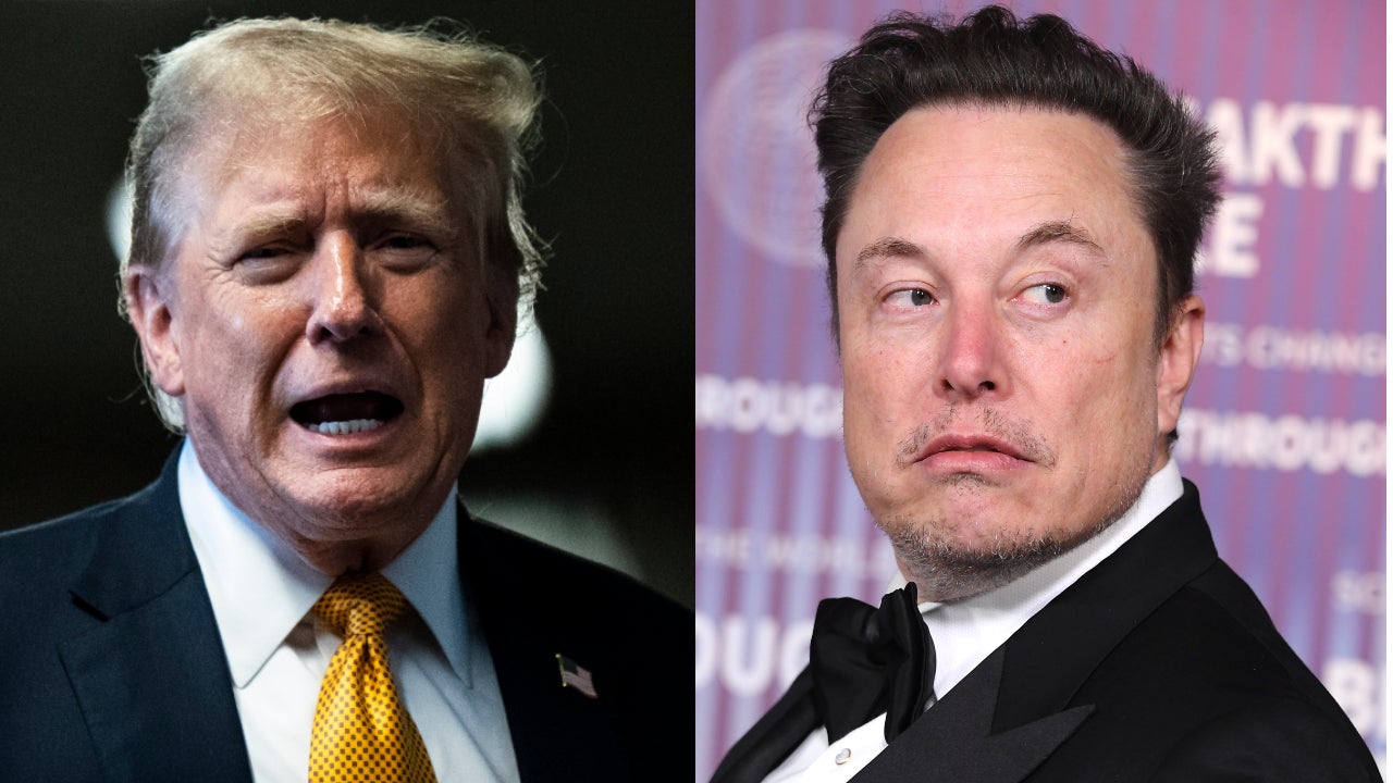 Donald Trump lors de son procès criminal à New York le 29 mai 2024 (à gauche) et Elon Musk au Academy Museum of Motion Pictures  le 13 avril 2024 à Los Angeles, Californie.
