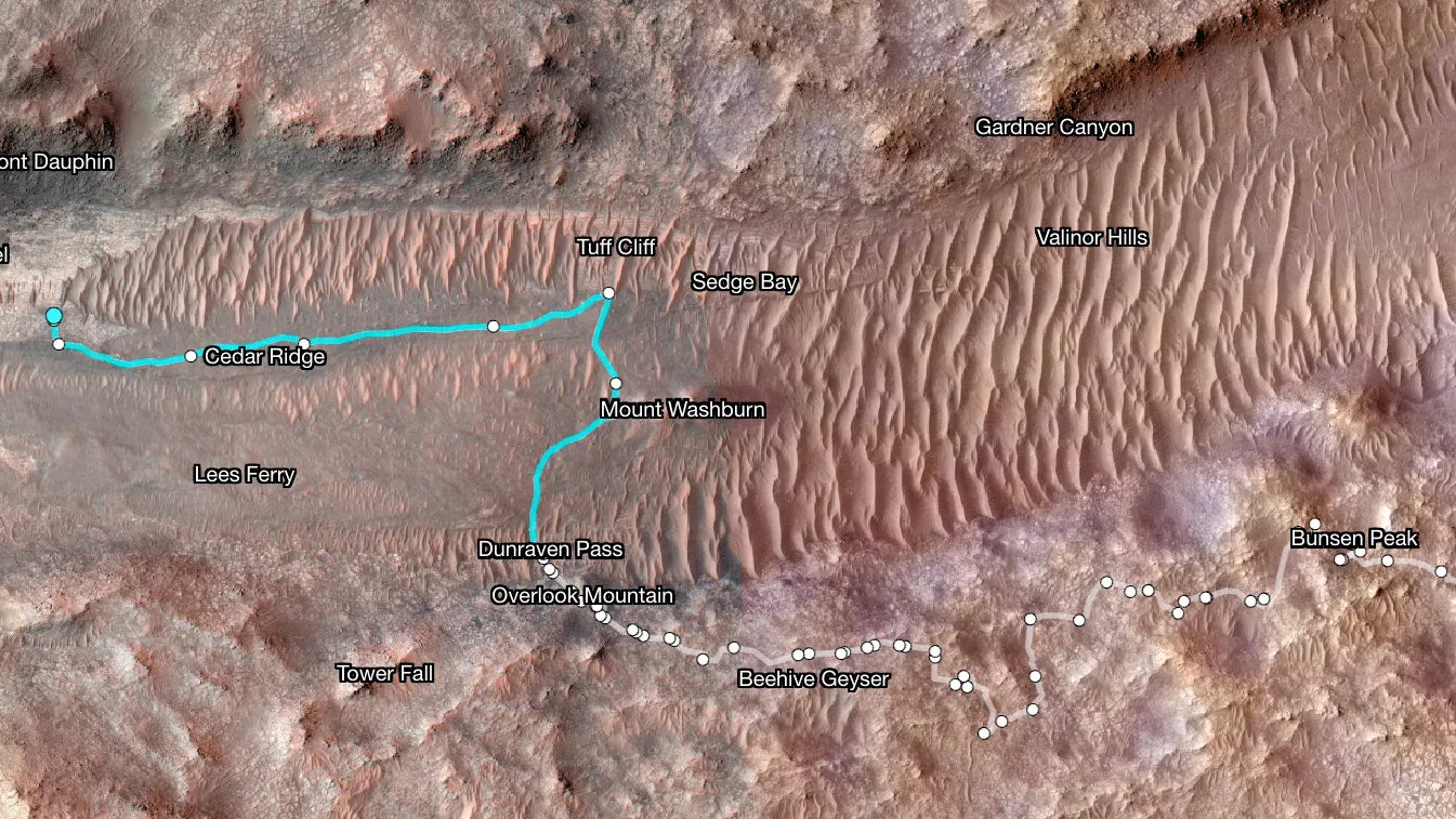 Une carte d’un ancien chenal de rivière sur Mars quimontre le chemin de Perseverance entre le 21 janvier et le 11 juin.
