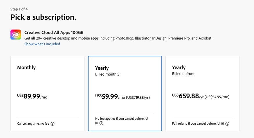 Page de paiement d’Adobe pour acheter Creative Cloud lundi.
