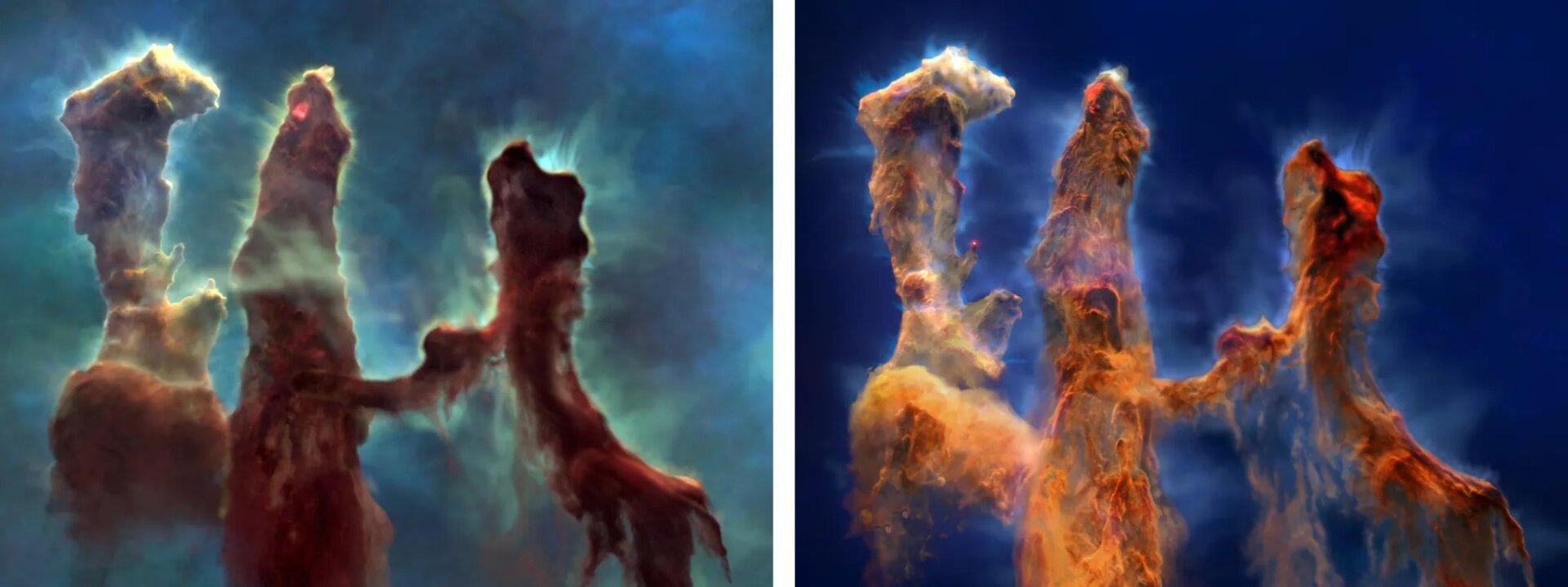  L’image Hubble des Piliers est présentée à gauche tandis que la version Webb est présentée à droite.