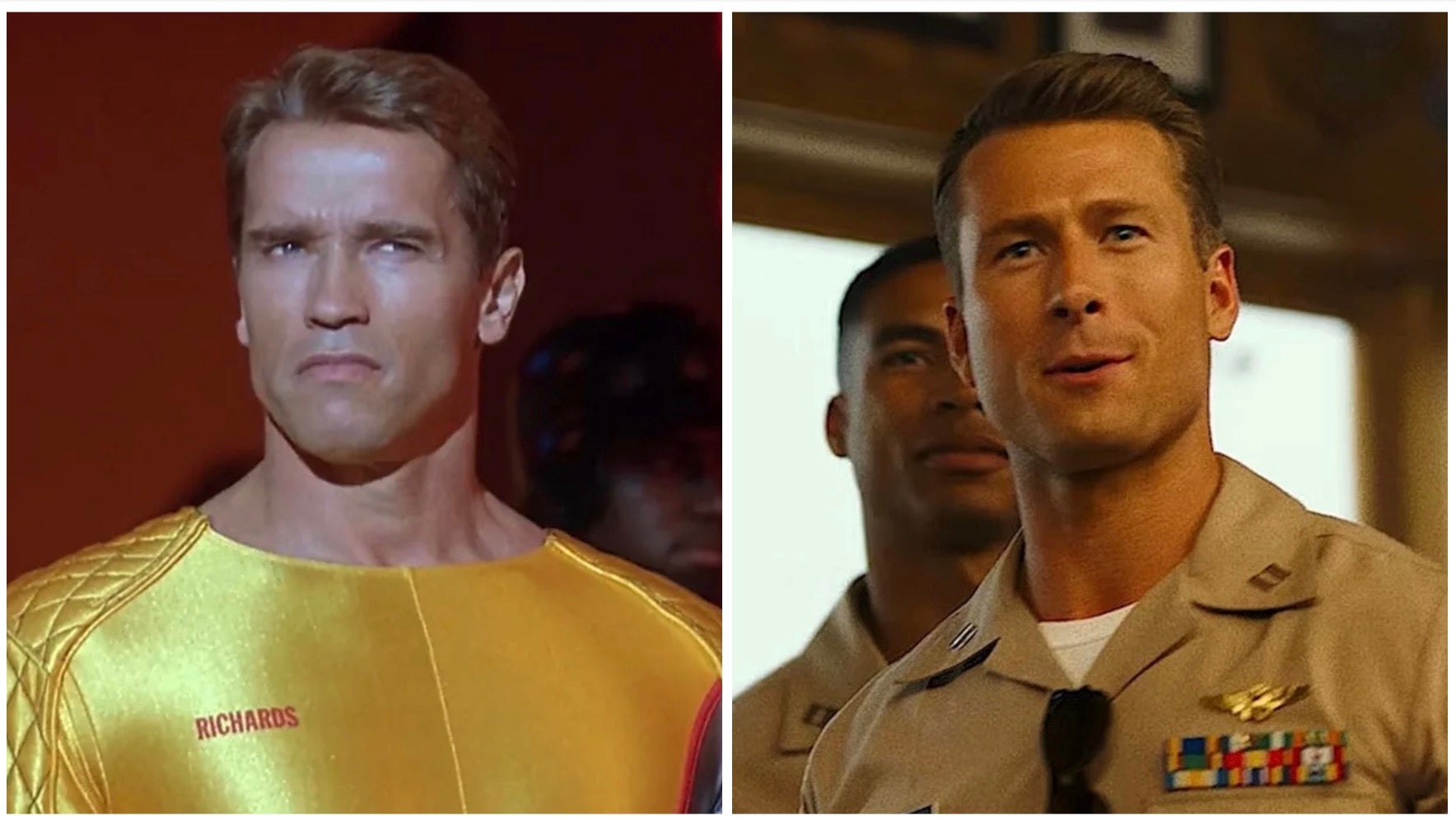 Les étoiles de L’homme qui court, Arnold Schwarzenegger et Glen Powell.