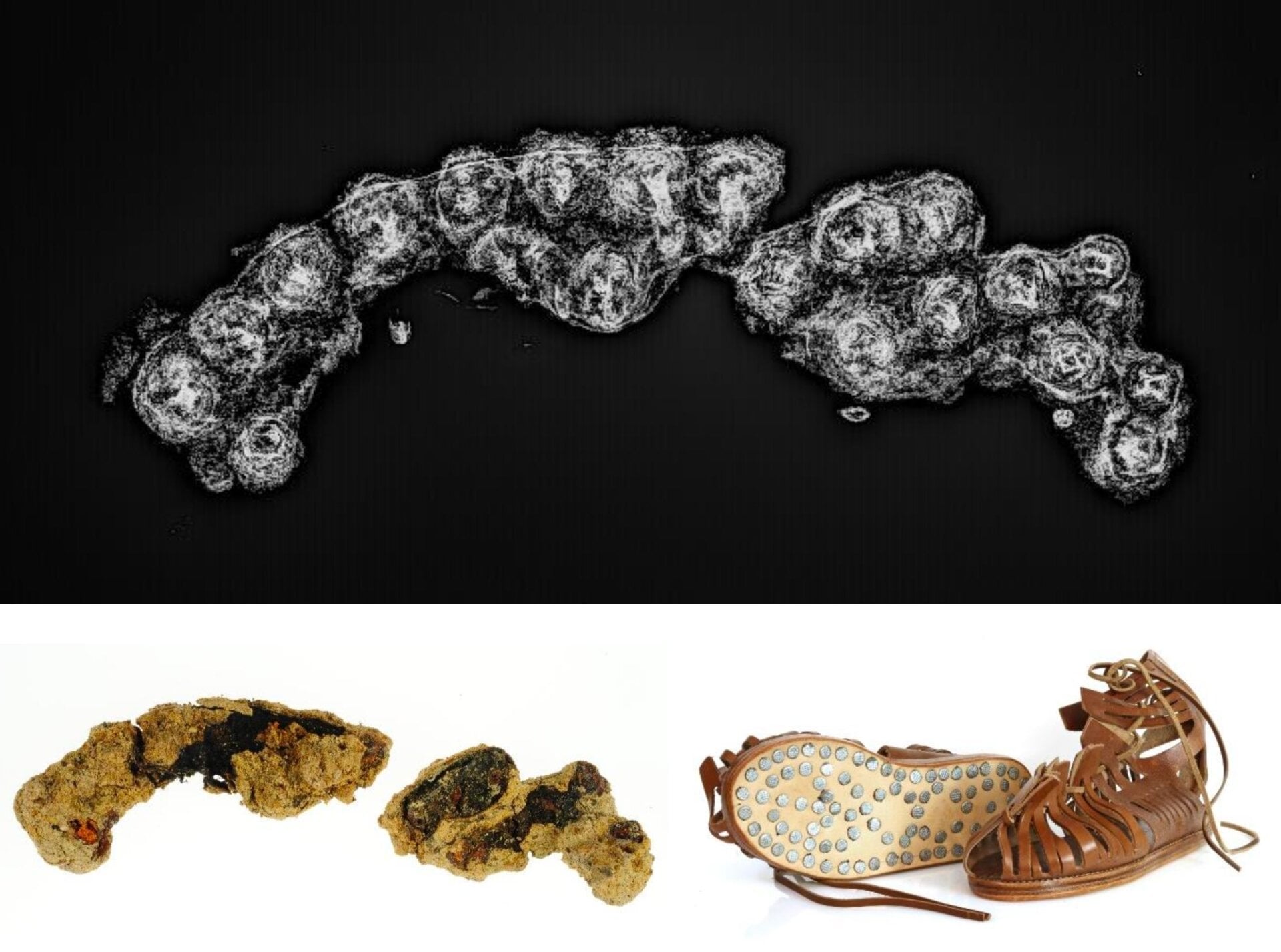 Dans le sens des aiguilles d’une montre, à partir du bas à gauche : les restes d’une sandale romaine, une radiographie des restes et une reconstitution de l’apparence des chaussures à l’origine. .