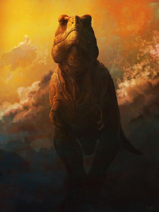 Une illustration paléoartistique d’un T. rex qui beugle&nbsp;: notez la bouche fermée, semblable à la façon dont les alligators beuglent.